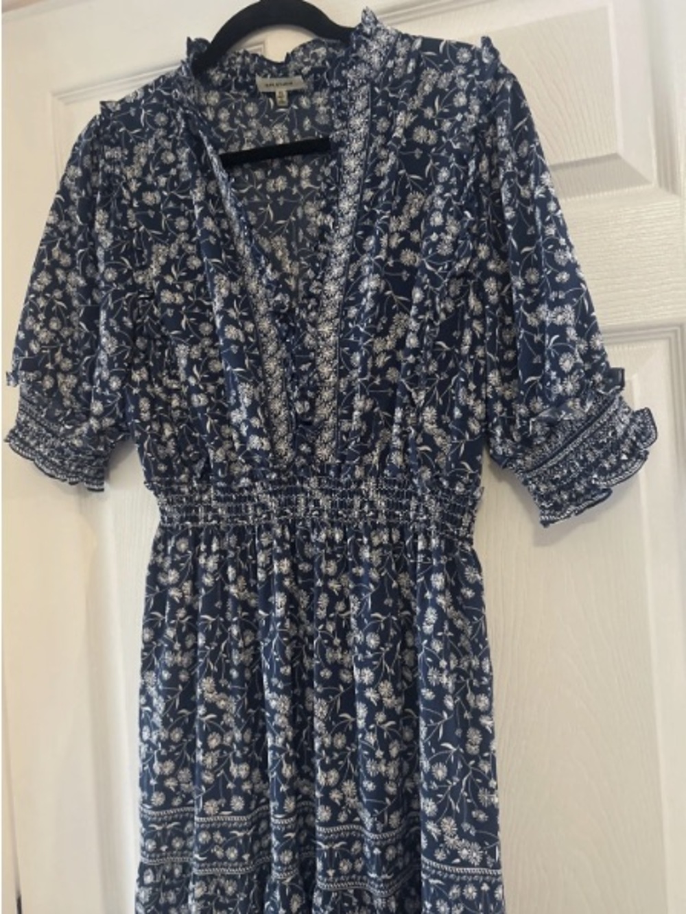 Blue Floral Smocked Waist Midi Dress